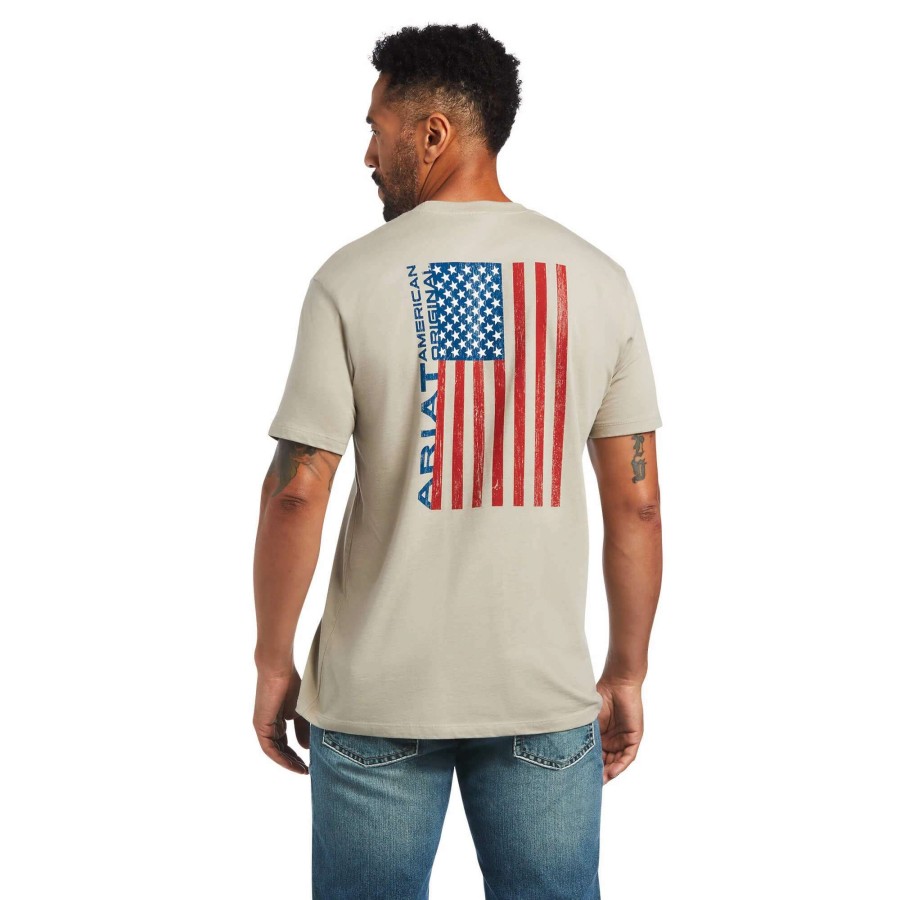 Men * | Ariat Woodgrain Flag T-Shirt Khaki Heather