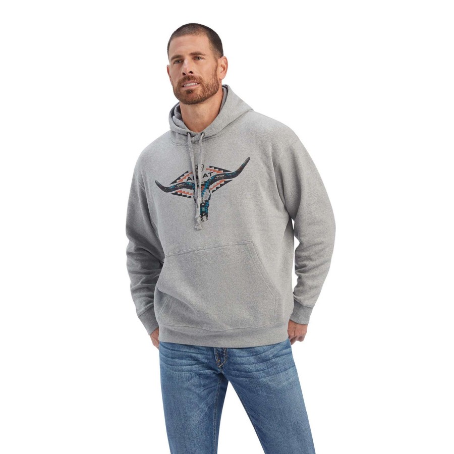 Men * | Ariat Horns Southwest Hoodie Medium Grey Heather