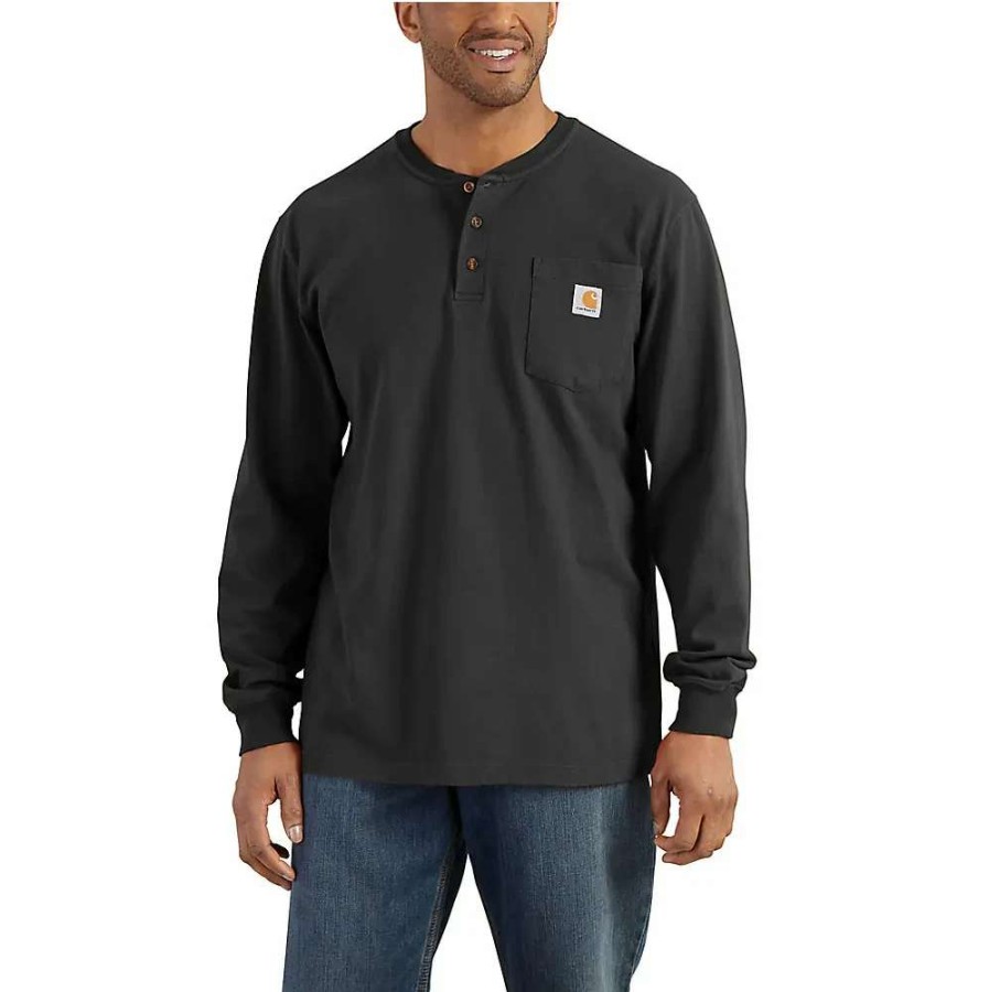 Men * | Carhartt Loose Fit Heavyweight Long Sleeved Pocket Henley T-Shirt