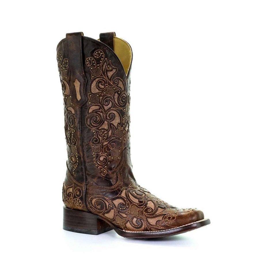 Footwear * | Corral Brown Inlay, Studs, And Embroidery Square Toe Western Boot