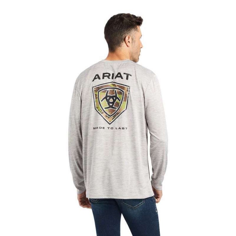 Men * | Ariat Charger Camo Shield Long Sleeve T-Shirt Light Grey Heather