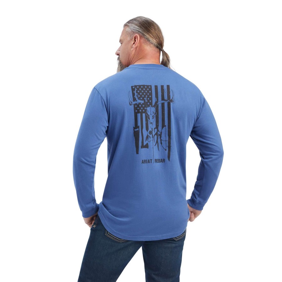 Men * | Ariat Rebar Outdoor Graphic Long Sleeved T-Shirt Blue