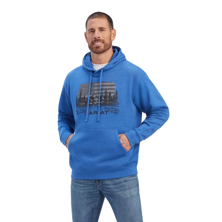 Men * | Ariat Land Of The Free Hoodie Classic Blue Heather